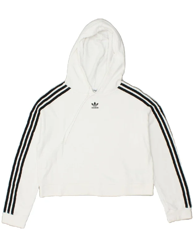 ADIDAS Womens Oversized Crop Hoodie Jumper UK 8 Small White Cotton Hoodie with Front Slit Layering Stylish