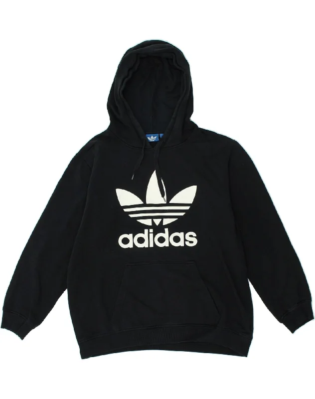 ADIDAS Womens Oversized Graphic Hoodie Jumper UK 16 Large Navy Blue Cotton Hoodie with Puffed Sleeves Voluminous Trendy