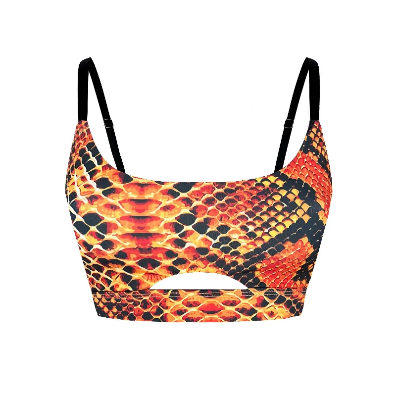 Adjustable Pole Dance Sports Bra Luna Snake Print Orange Full Support Bra