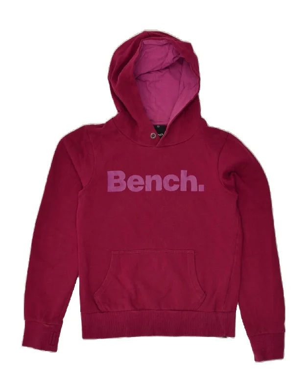 BENCH Womens Graphic Hoodie Jumper UK 10 Small Pink Cotton Hoodie with Velcro Closure Adjustable Secure