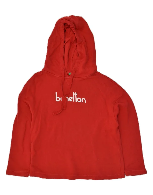 BENETTON Womens Graphic Hoodie Jumper UK 16 Large Red Cotton Hoodie with Slim Fit Tailored Modern