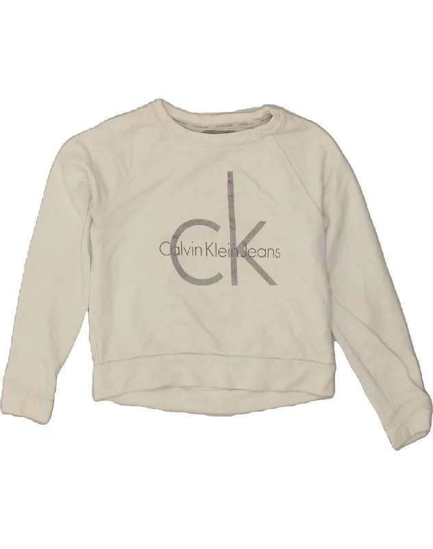 CALVIN KLEIN JEANS Womens Graphic Sweatshirt Jumper UK 6 XS White Cotton Hoodie with Toggle Buttons Decorative Unique