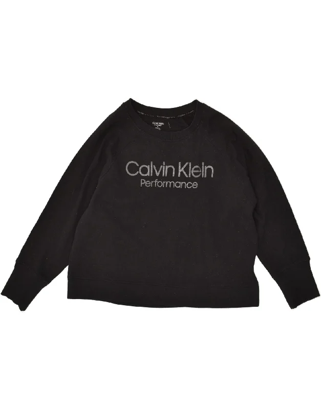 CALVIN KLEIN Womens Graphic Sweatshirt Jumper UK 14 Medium Black Cotton Hoodie Crop Top Short Trendy