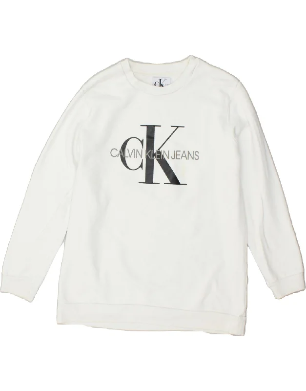 CALVIN KLEIN Womens Graphic Sweatshirt Jumper UK 16 Large White Cotton Oversized Hoodie Comfort Casual