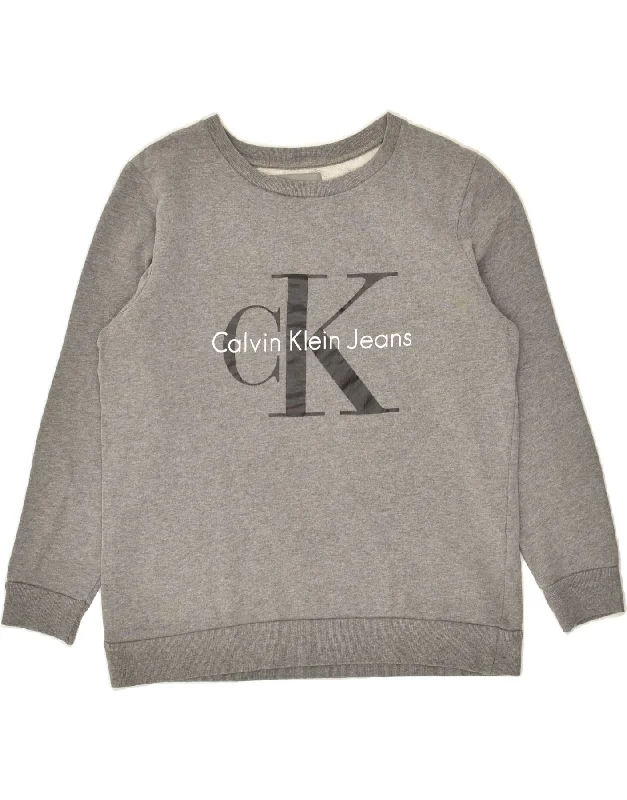 CALVIN KLEIN Womens Oversized Graphic Sweatshirt Jumper UK 6 XS Grey Hoodie with Camouflage Military Edgy