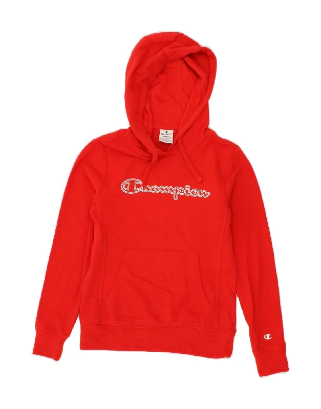 CHAMPION Womens Graphic Hoodie Jumper UK 10 Small Red Cotton Hoodie with Velcro Closure Adjustable Secure