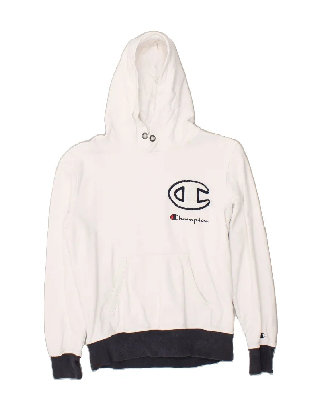 CHAMPION Womens Graphic Hoodie Jumper UK 10 Small White Cotton Hoodie with Exposed Zipper Edgy Industrial