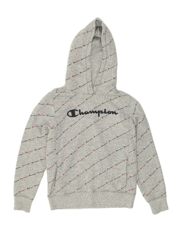 CHAMPION Womens Graphic Hoodie Jumper UK 14 Medium Grey Cotton Hoodie with Button Placket Classic Preppy