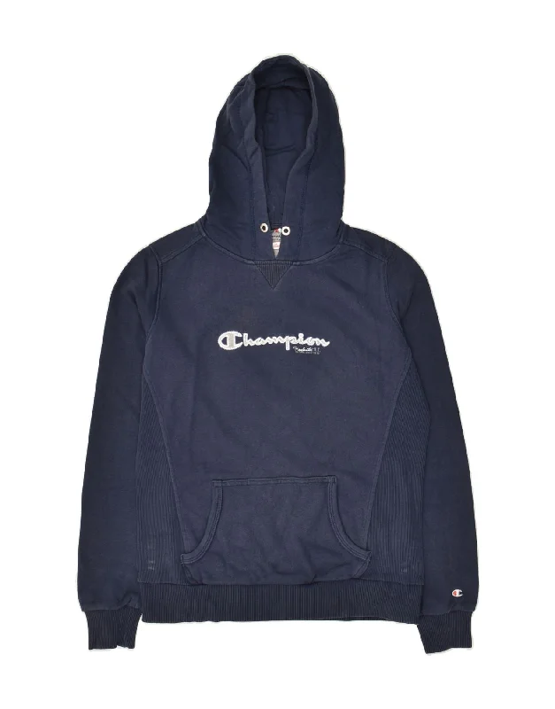 CHAMPION Womens Graphic Hoodie Jumper UK 14 Medium Navy Blue Cotton Hoodie with Side Slits Relaxed Casual