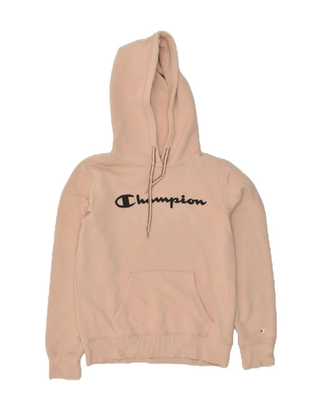 CHAMPION Womens Graphic Hoodie Jumper UK 14 Medium Pink Cotton Hoodie with Hem Detail Decorative Unique