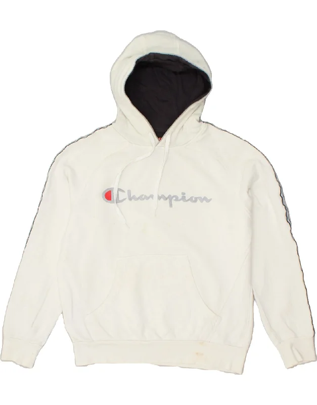 CHAMPION Womens Graphic Hoodie Jumper UK 14 Medium White Cotton Hoodie Sweatshirt Pullover