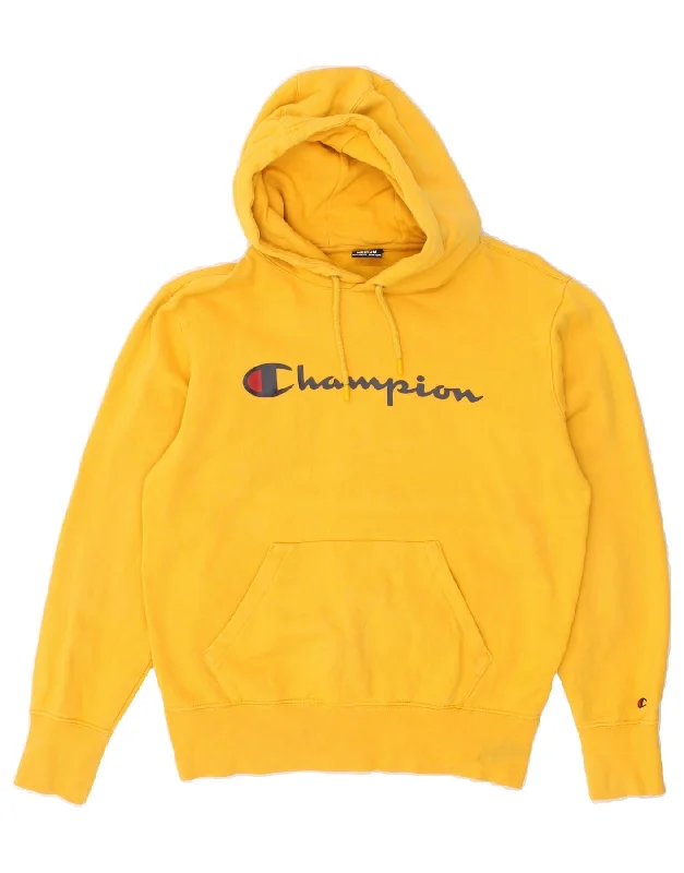 CHAMPION Womens Graphic Hoodie Jumper UK 14 Medium Yellow Cotton Hoodie with Hem Ribbing Snug Secure