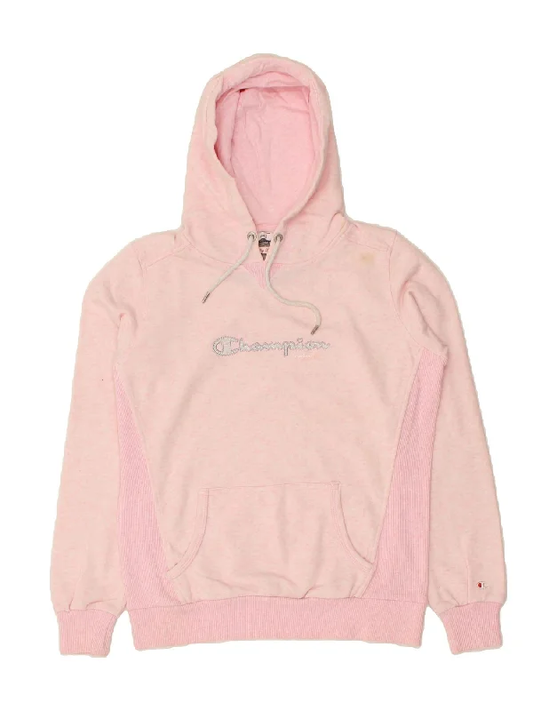 CHAMPION Womens Graphic Hoodie Jumper UK 16 Large Pink Colourblock Cotton Hoodie with Front Slit Layering Stylish