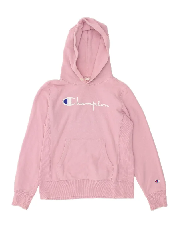 CHAMPION Womens Graphic Hoodie Jumper UK 16 Large Pink Cotton Hoodie with Puffed Sleeves Voluminous Trendy