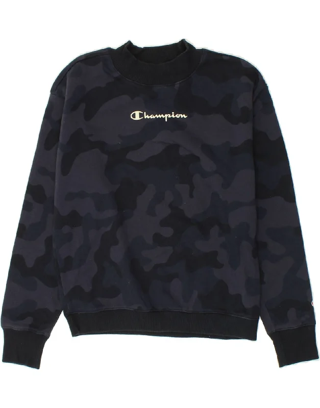 CHAMPION Womens Graphic Sweatshirt Jumper UK 10 Small Navy Blue Camouflage Hoodie with Illustration Artistic Creative