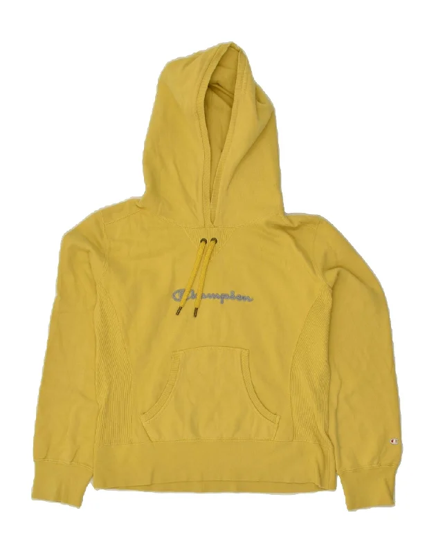 CHAMPION Womens Heritage Classics Graphic Hoodie Jumper UK 10 Small Yellow Hoodie with Hem Ribbing Snug Secure