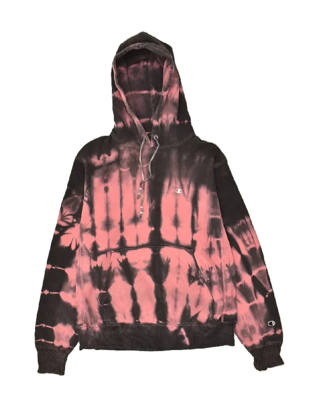 CHAMPION Womens Hoodie Jumper UK 14 Medium Pink Tie Dye Cotton Hoodie with Batwing Sleeves Loose Dramatic