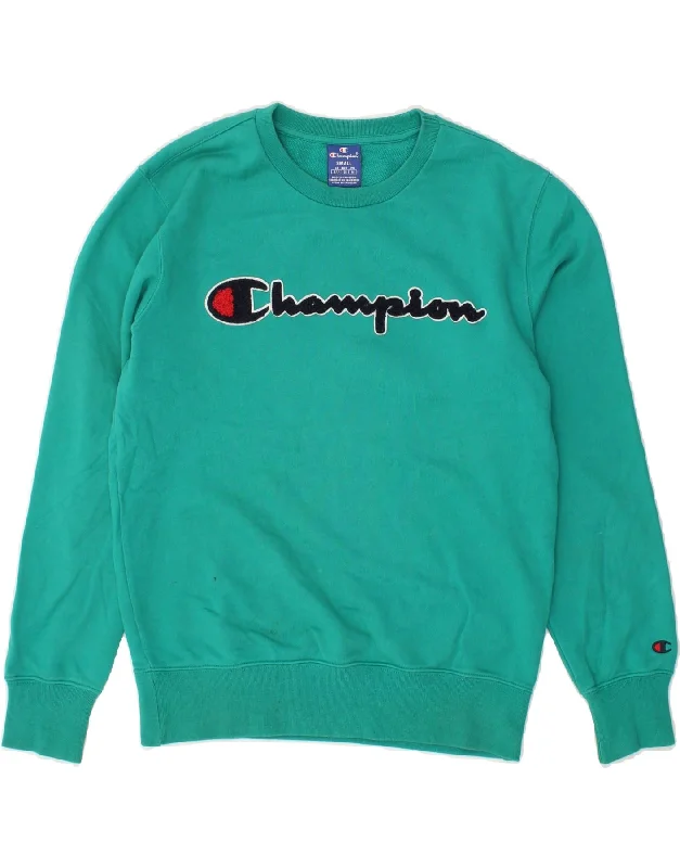 CHAMPION Womens Oversized Graphic Sweatshirt Jumper UK 10 Small Green Hoodie with Side Slits Relaxed Casual