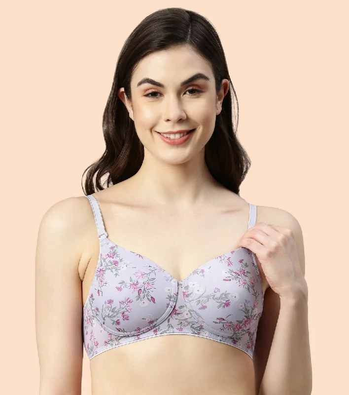 Enamor Dope Dye F165 Ecolite Fabric Smooth Support Bra for Women - Padded, Wirefree and High Coverage - Dainty Petal Print Stretchy Wireless Bra