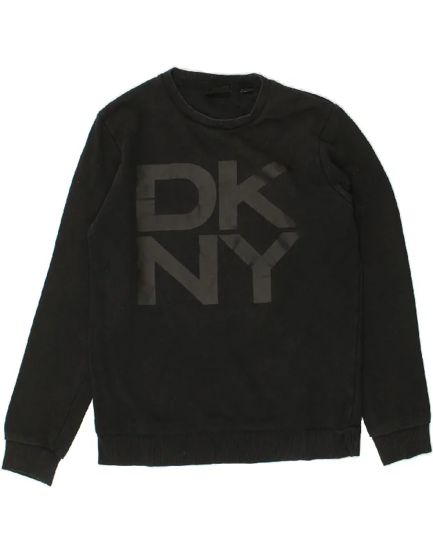 DKNY Womens Graphic Sweatshirt Jumper UK 14 Medium Black Cotton Hoodie with Embroidery Detailed Premium