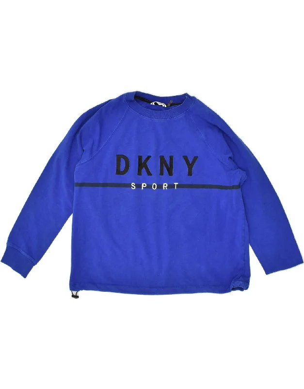 DKNY Womens Oversized Graphic Sweatshirt Jumper UK 14 Medium Blue Cotton Hoodie with Earth Tones Natural Calm