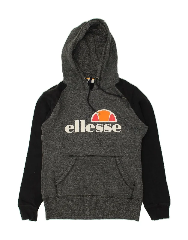 ELLESSE Womens Graphic Hoodie Jumper UK 10 Small  Grey Colourblock Cotton Hoodie with Hem Lace Feminine Delicate