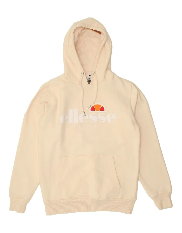 ELLESSE Womens Graphic Hoodie Jumper UK 12 Medium  Beige Cotton Hoodie with Toggle Buttons Decorative Unique