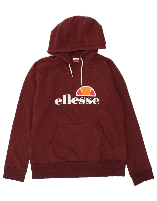 ELLESSE Womens Graphic Hoodie Jumper UK 16 Large Maroon Cotton Hoodie with Side Slits Relaxed Casual