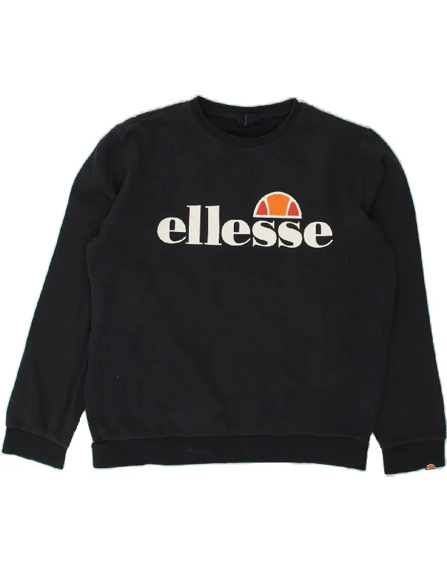 ELLESSE Womens Graphic Sweatshirt Jumper UK 14 Large Navy Blue Cotton Hoodie with Mesh Breathable Sporty