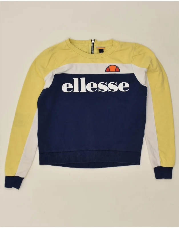 ELLESSE Womens Graphic Sweatshirt Jumper UK 14 Large Yellow Colourblock Hoodie with Back Slit Movement Comfort