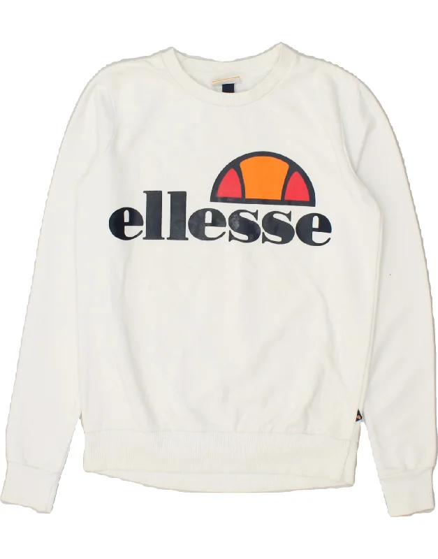 ELLESSE Womens Graphic Sweatshirt Jumper UK 4 XS White Cotton Hoodie with Magnetic Closure Innovative Modern