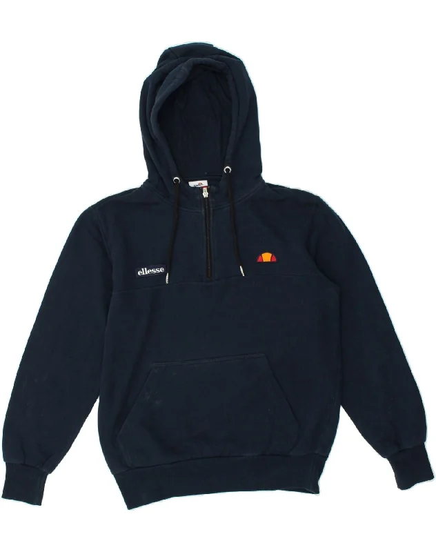 ELLESSE Womens Graphic Zip Neck Hoodie Jumper UK 14 Medium Navy Blue Hoodie with Set-In Sleeves Structured Classic