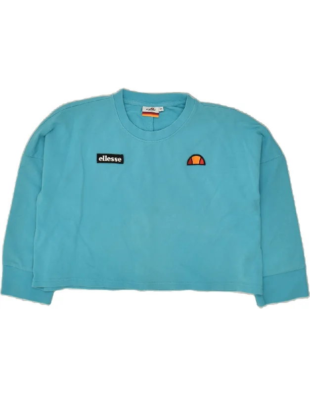 ELLESSE Womens Oversized Crop Graphic Sweatshirt Jumper UK 6 XS Blue Hoodie with Hem Embroidery Detailed Premium