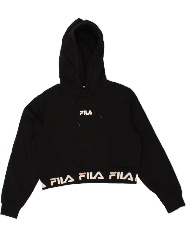 FILA Womens Graphic Crop Hoodie Jumper UK 12 Medium Black Cotton Hoodie with Raw Hem Edgy Unfinished