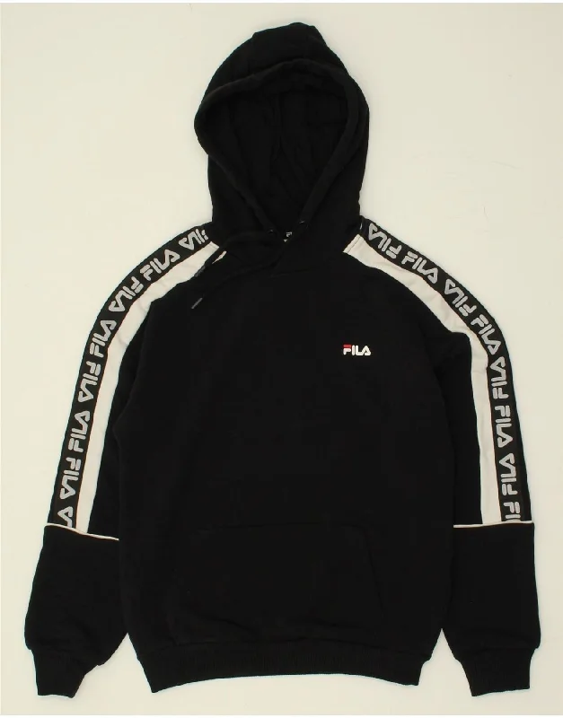 FILA Womens Graphic Hoodie Jumper UK 6 XS Black Colourblock Hoodie with Longline Fit Extended Stylish