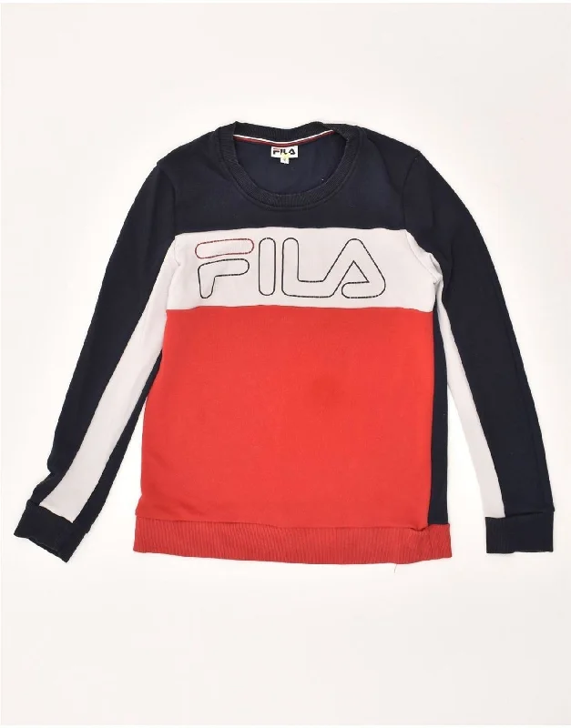 FILA Womens Graphic Sweatshirt Jumper EU 36 Small Red Colourblock Cotton Hoodie with Rhinestones Sparkly Elegant