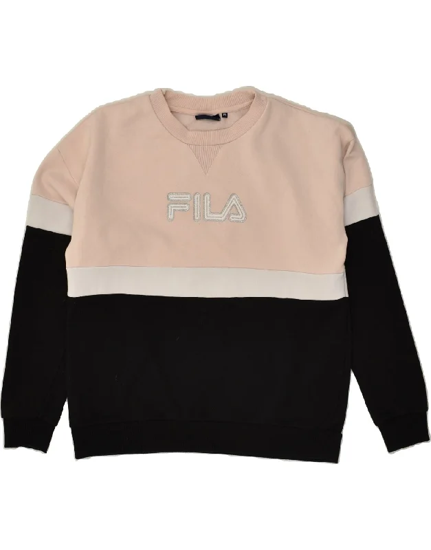 FILA Womens Graphic Sweatshirt Jumper UK 14 Medium Black Colourblock Hoodie with Relaxed Fit Easy Casual