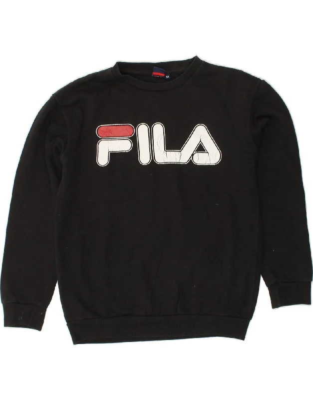 FILA Womens Graphic Sweatshirt Jumper UK 14 Medium Black Polyester Hoodie with Tied Waist Feminine Flattering