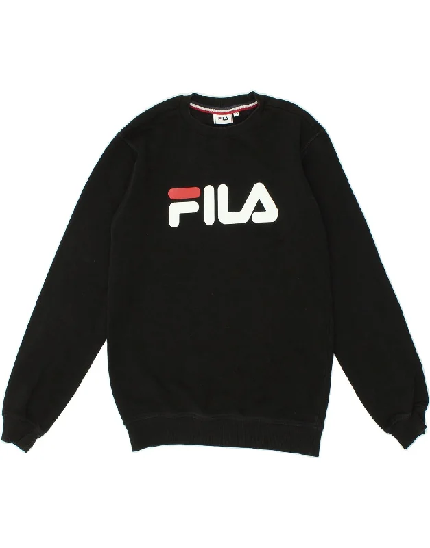 FILA Womens Graphic Sweatshirt Jumper UK 6 XS Black Cotton Hoodie with Mesh Breathable Sporty