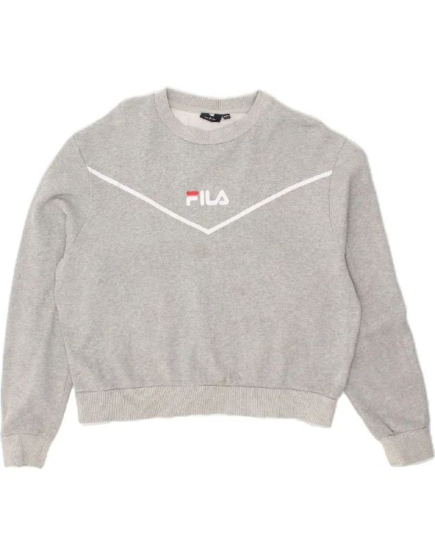 FILA Womens Oversized Graphic Sweatshirt Jumper UK 16 Large Grey Cotton Hoodie with Elastic Waist Stretchable Comfortable