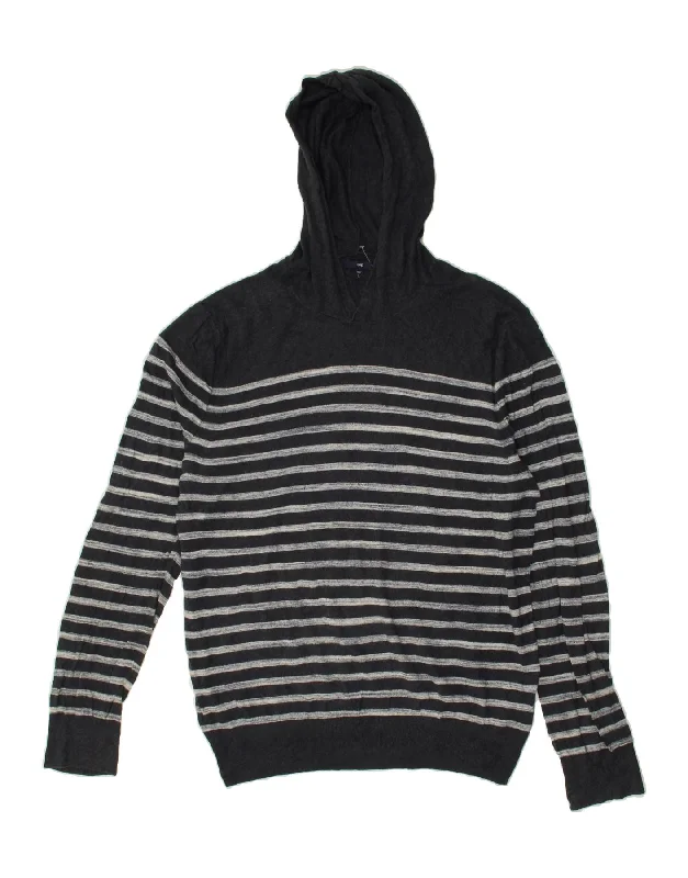 GAP Womens Hoodie Jumper UK 16 Large Navy Blue Striped Cotton Hoodie with Longline Fit Extended Stylish