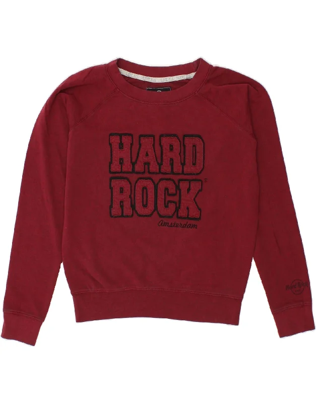 HARD ROCK CAFE Womens Amsterdam Graphic Sweatshirt Jumper UK 14 Medium Red Hoodie with Hem Embroidery Detailed Premium