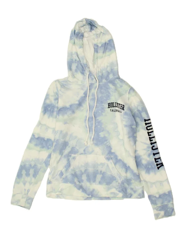 HOLLISTER Womens Graphic Hoodie Jumper UK 10 Small Blue Tie Dye Cotton Hoodie with Puffed Sleeves Voluminous Trendy