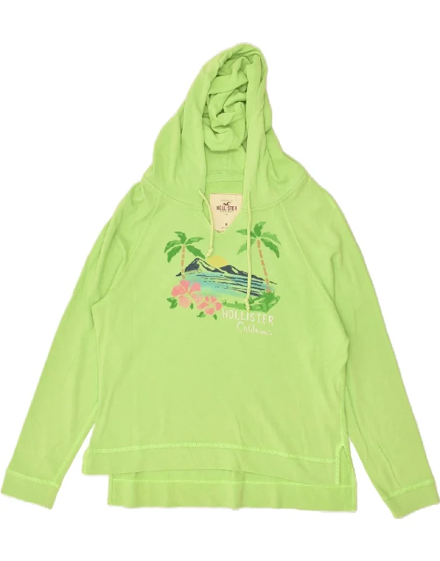 HOLLISTER Womens Graphic Hoodie Jumper UK 14 Medium Green Cotton Hoodie with Hem Drawcord Adjustable Customizable