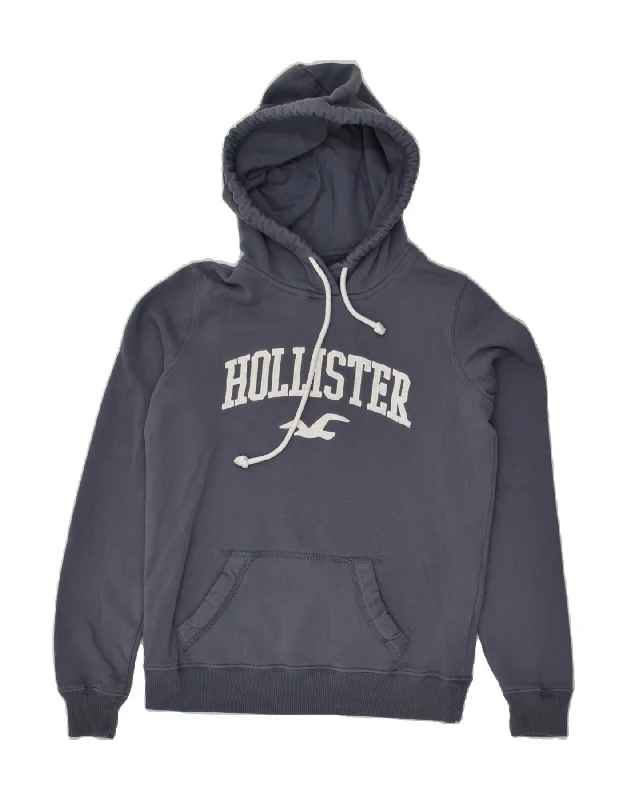 HOLLISTER Womens Graphic Hoodie Jumper UK 6 XS Grey Cotton Hoodie with Slit Hem Functional Movement