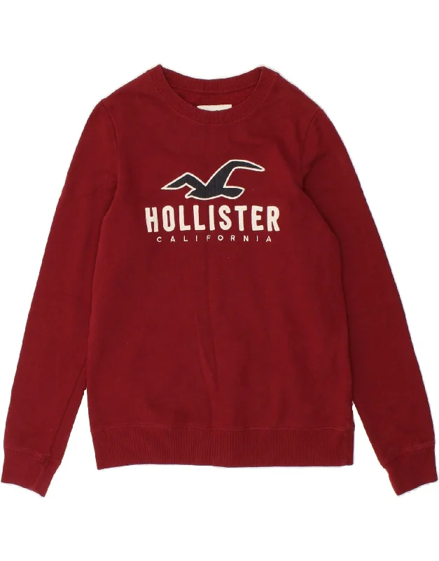 HOLLISTER Womens Graphic Sweatshirt Jumper UK 10 Small Red Cotton Hoodie with Drawcord Adjustable Secure