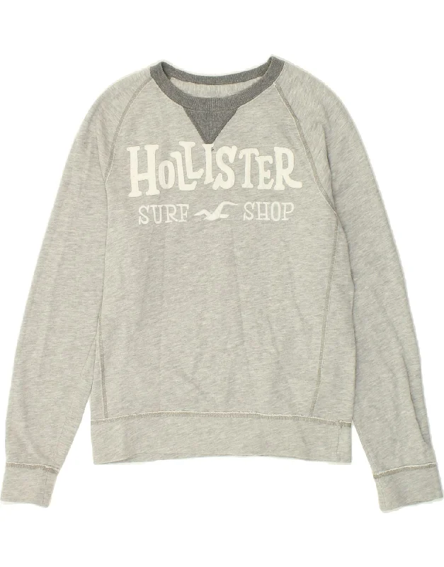 HOLLISTER Womens Graphic Sweatshirt Jumper UK 14 Medium Grey Flecked Hoodie with Thumb Holes Functional Cozy