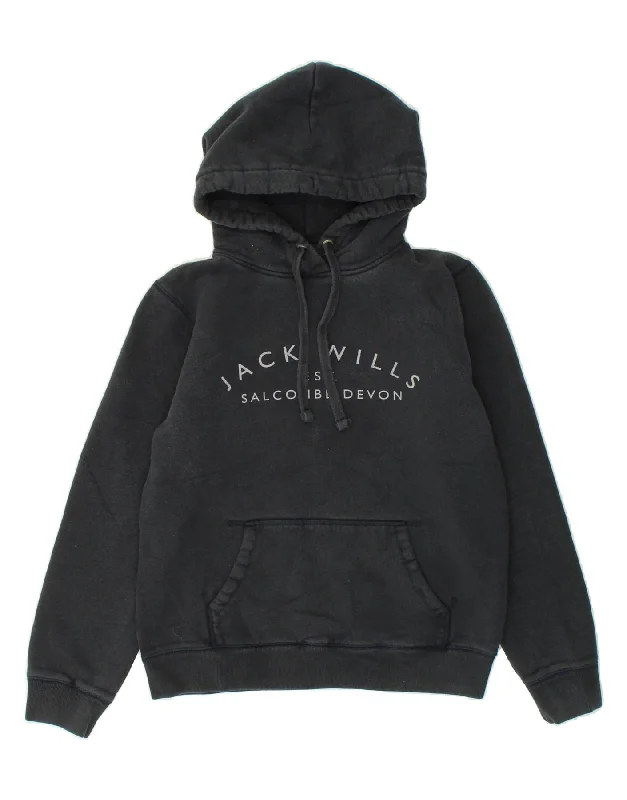 JACK WILLS Womens Graphic Hoodie Jumper UK 10 Small Black Cotton Hoodie with Toggle Buttons Decorative Unique