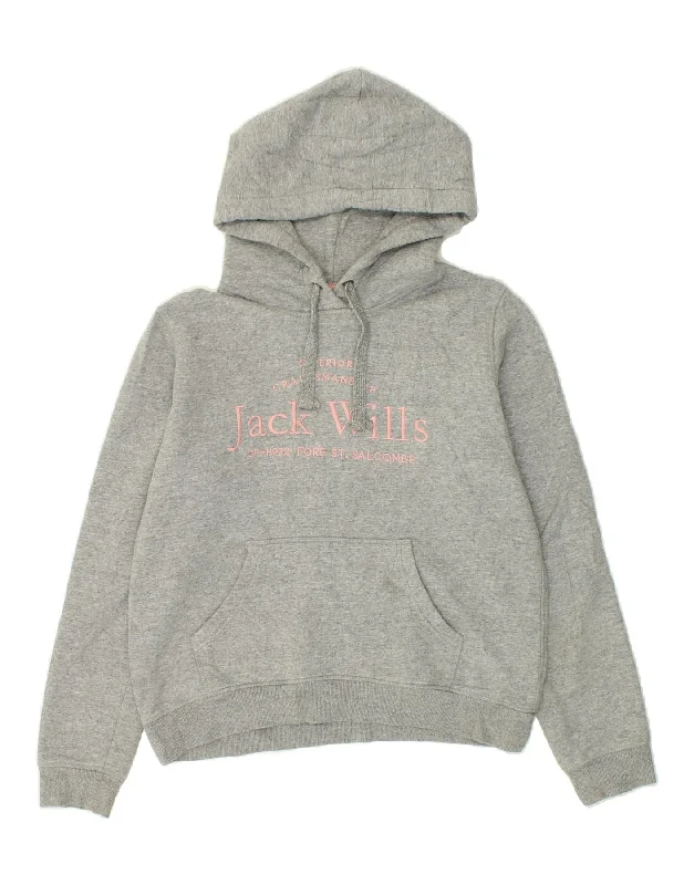 JACK WILLS Womens Graphic Hoodie Jumper UK 10 Small Grey Flecked Cotton Hoodie with Lining Warm Insulated