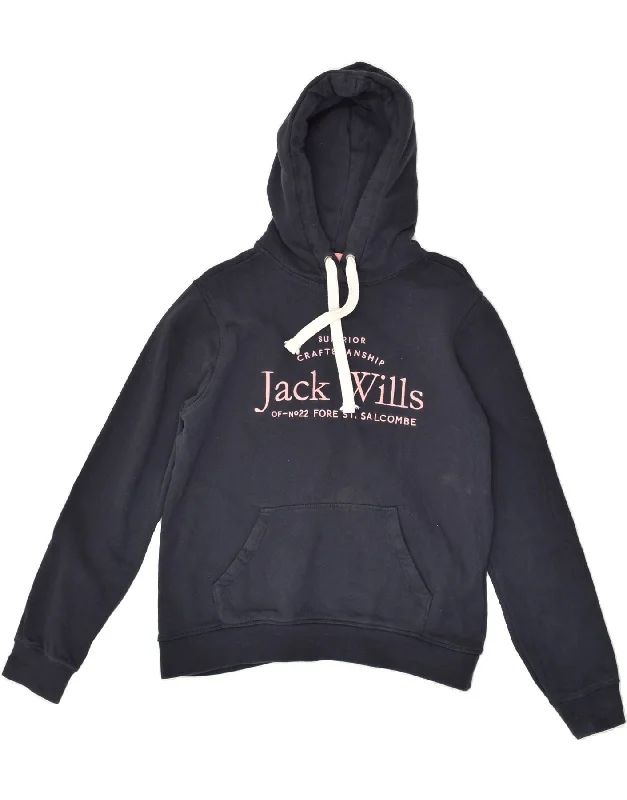 JACK WILLS Womens Graphic Hoodie Jumper UK 12 Medium  Navy Blue Cotton Hoodie with Embroidery Detailed Premium